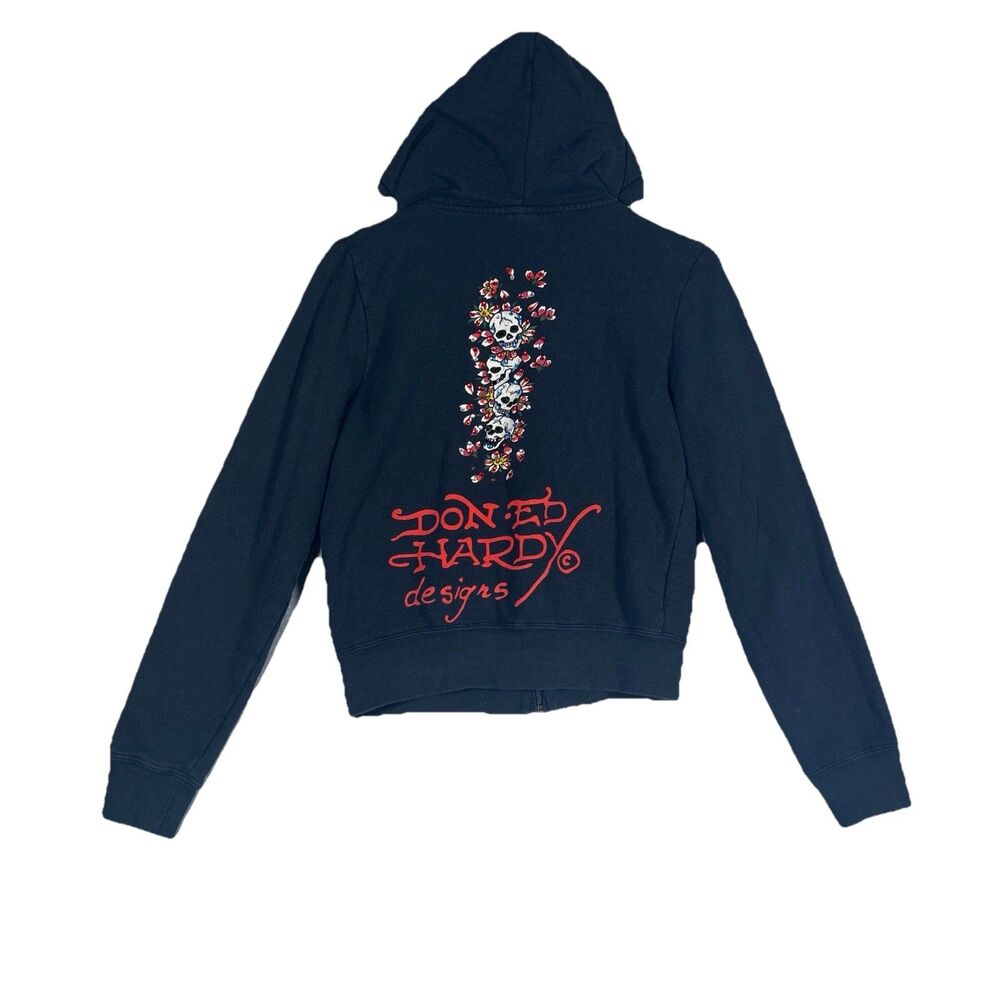 Vintage Ed Hardy Skull Cherry Blossom Rhinestone Hoodie Y2K Christian Audigier S